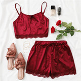 Burgundy Lace Trim Satin PJ Set