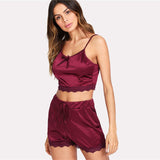 Burgundy Lace Trim Satin PJ Set