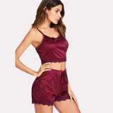 Burgundy Lace Trim Satin PJ Set