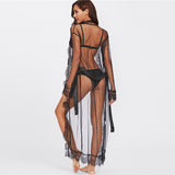 Eyelash Lace Trim Mesh Robe With Belt