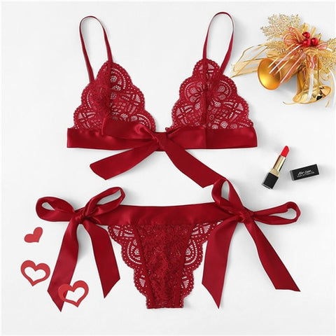 Red Scalloped Trim Tie Side Sexy Lingerie Set