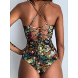 Green leaves One Shoulder Swimsuit